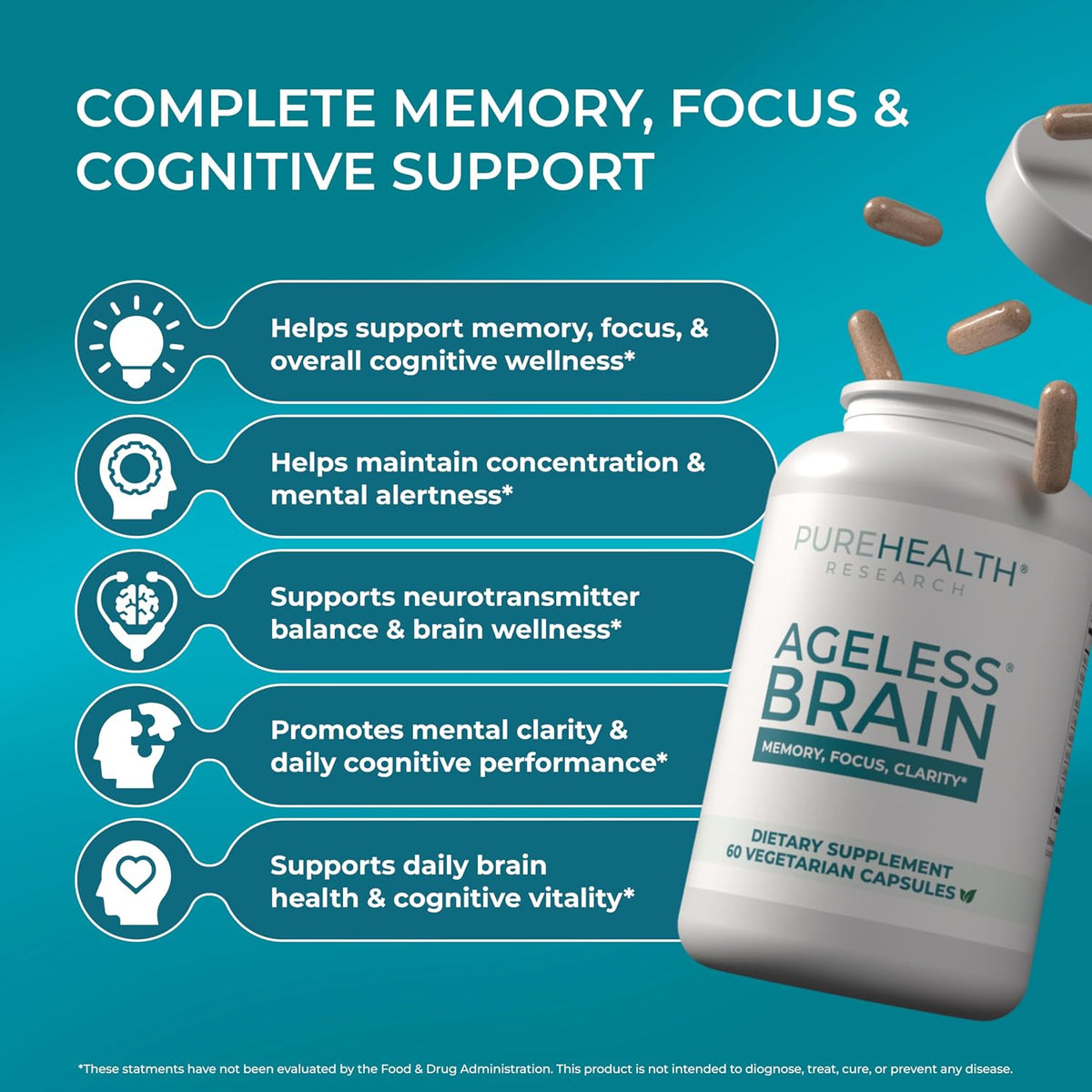 PUREHEALTH RESEARCH Ageless Brain - Nootropic Brain Supplement for Memory and Concentration, 180 Capsules - görsel 3