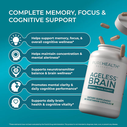 PUREHEALTH RESEARCH Ageless Brain - Nootropic Brain Supplement for Memory and Concentration, 180 Capsules