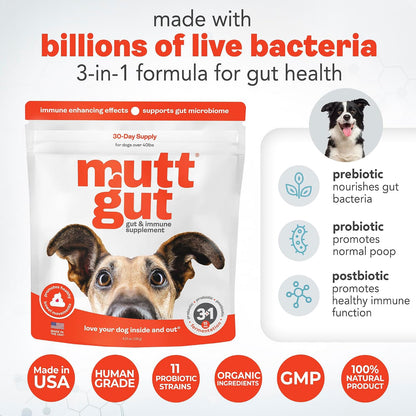 MUTTGUT All Natural 3-in-1 Probiotics for Dogs – Postbiotic Powder Supplement (120g)