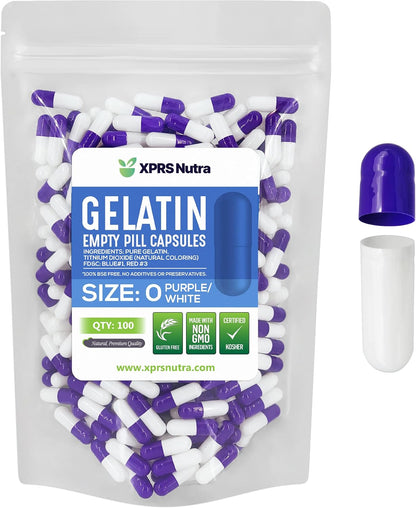 XPRS Nutra Size 0 Empty Capsules - 100 Count Gelatine Capsules for Homemade Supplements (Purple/White)