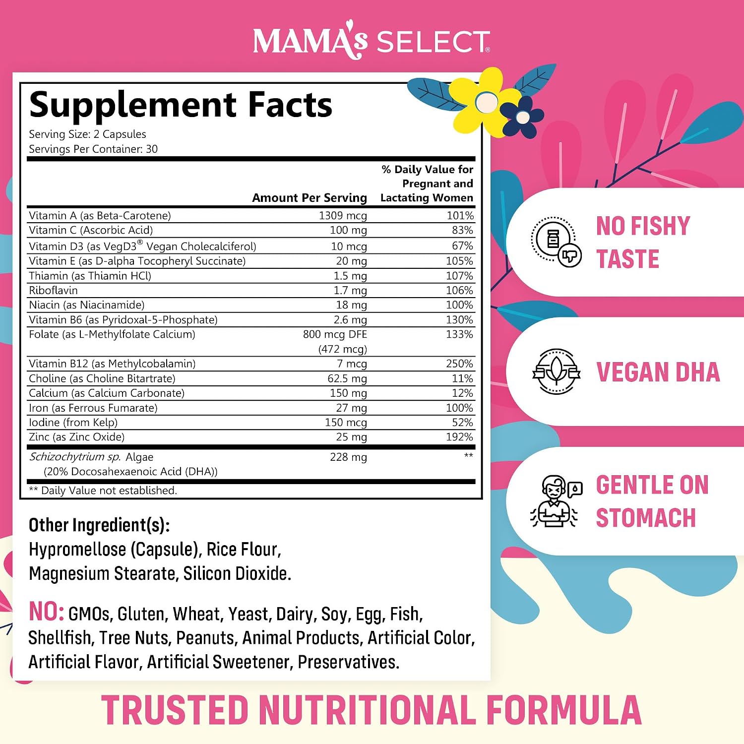Mama's Select Prenatal Vitamins with Vegan DHA – Fish-Free, Allergen-Free, Methylated Folate & B Vitamins, No Biotin - görsel 2
