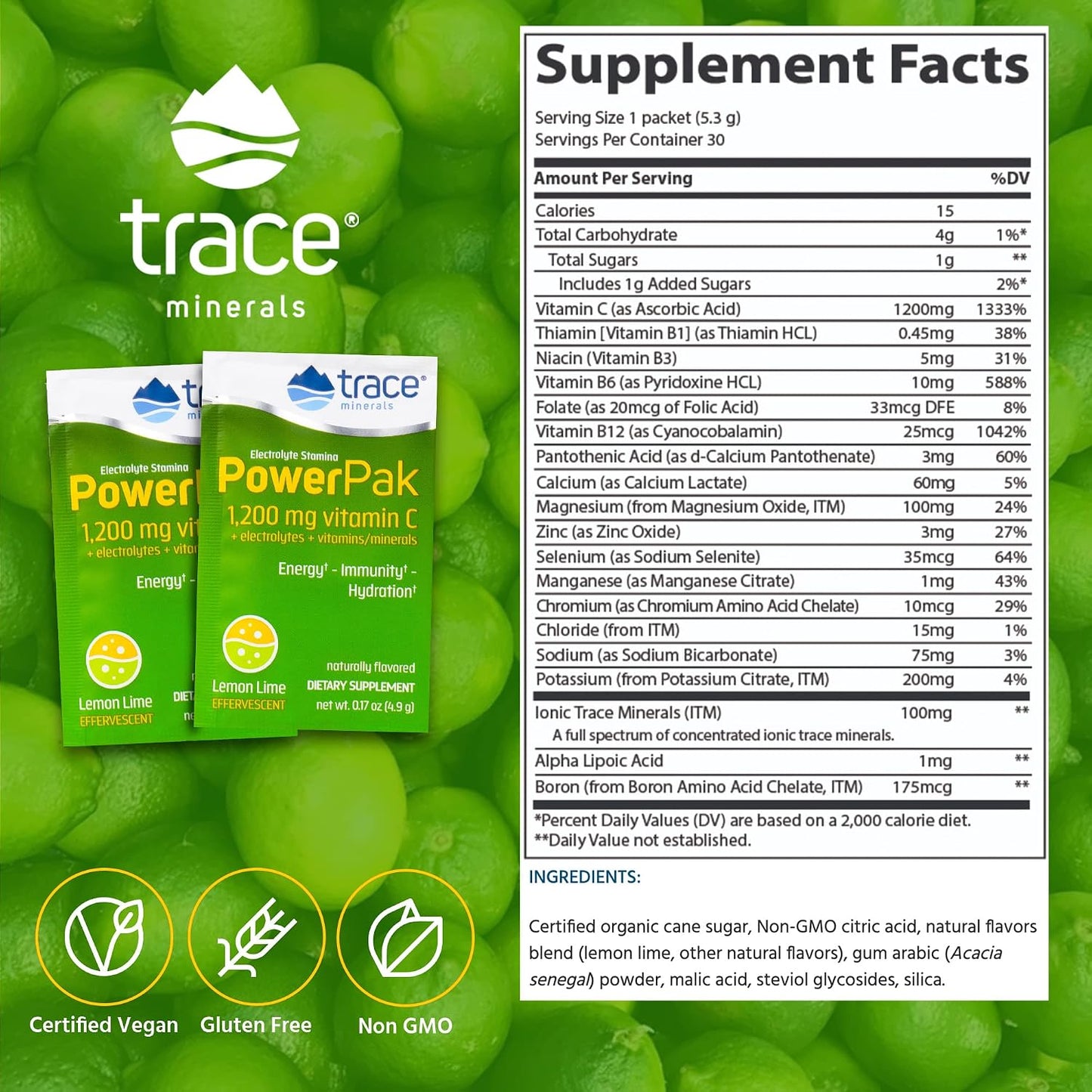 Trace Minerals Power Pak Electrolyte Powder Packets - 1200 mg Vitamin C, Zinc, Magnesium - Lemon & Lime - 60 Packets - görsel 4