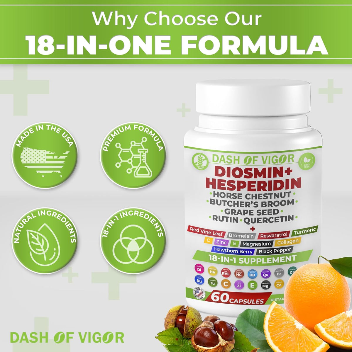 Dash of Vigour 18-in-1 Diosmin Hesperidin Supplement | Quercetin, Bromelain, Zinc, Vitamin C with Rutin | 60 Capsules - görsel 5
