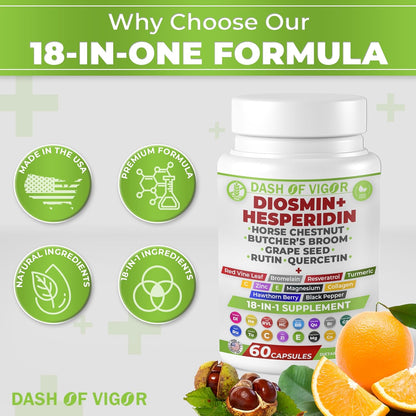 Dash of Vigour 18-in-1 Diosmin Hesperidin Supplement | Quercetin, Bromelain, Zinc, Vitamin C with Rutin | 60 Capsules