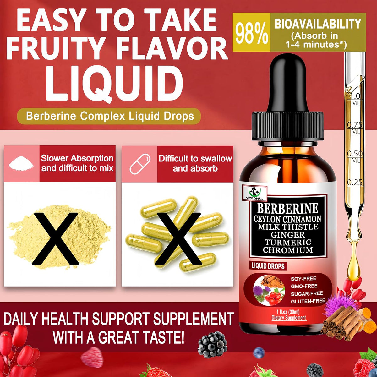 Vita Letuo Berberine Drops, High Absorption 6-in-1 Liquid Berberine Supplement with Ceylon Cinnamon, Milk Thistle, Turmeric and Ginger, 30 Servings - görsel 5