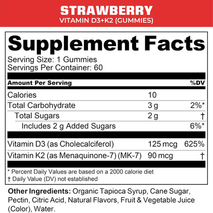 MTN OPS Vitamin D3 K2 Gummies - 5000 IU D3 & 90 mcg K2 MK-7, Natural Strawberry, 60 Gummies