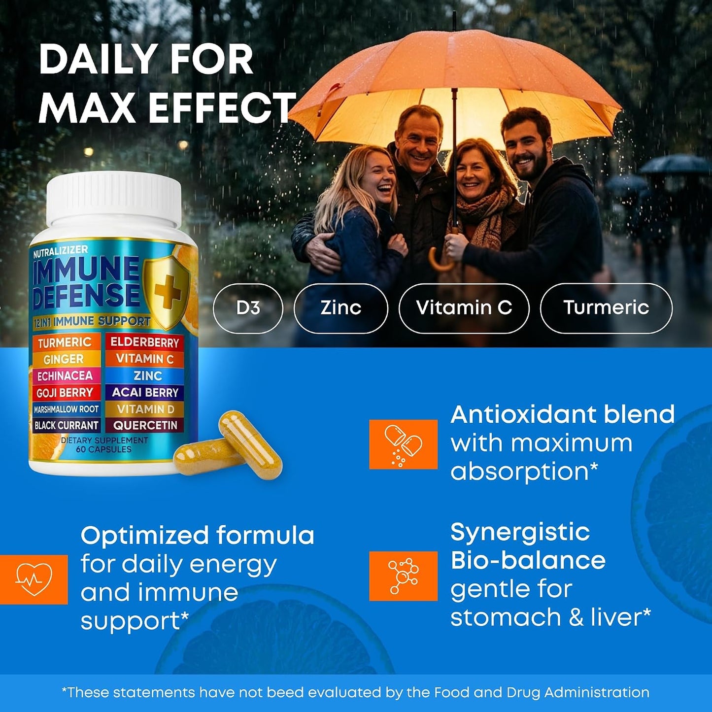 12 in 1 Immune Support Supplement - Immune Defence Vitamins with Elderberry, Vitamin D3, C, Zinc, Echinacea, Ginger - Natural Immunity Booster - 120 Capsules - görsel 3