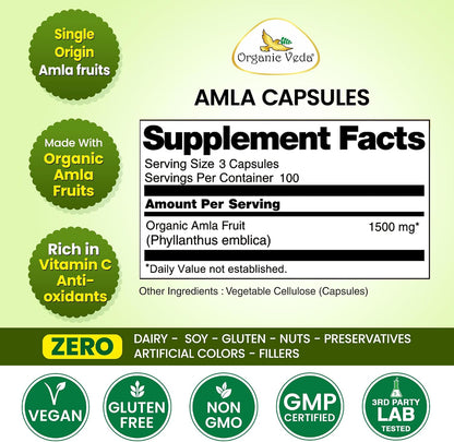 Organic Veda Amla Capsules - 1500mg, 300 Capsules - Natural Vitamin C Supplement