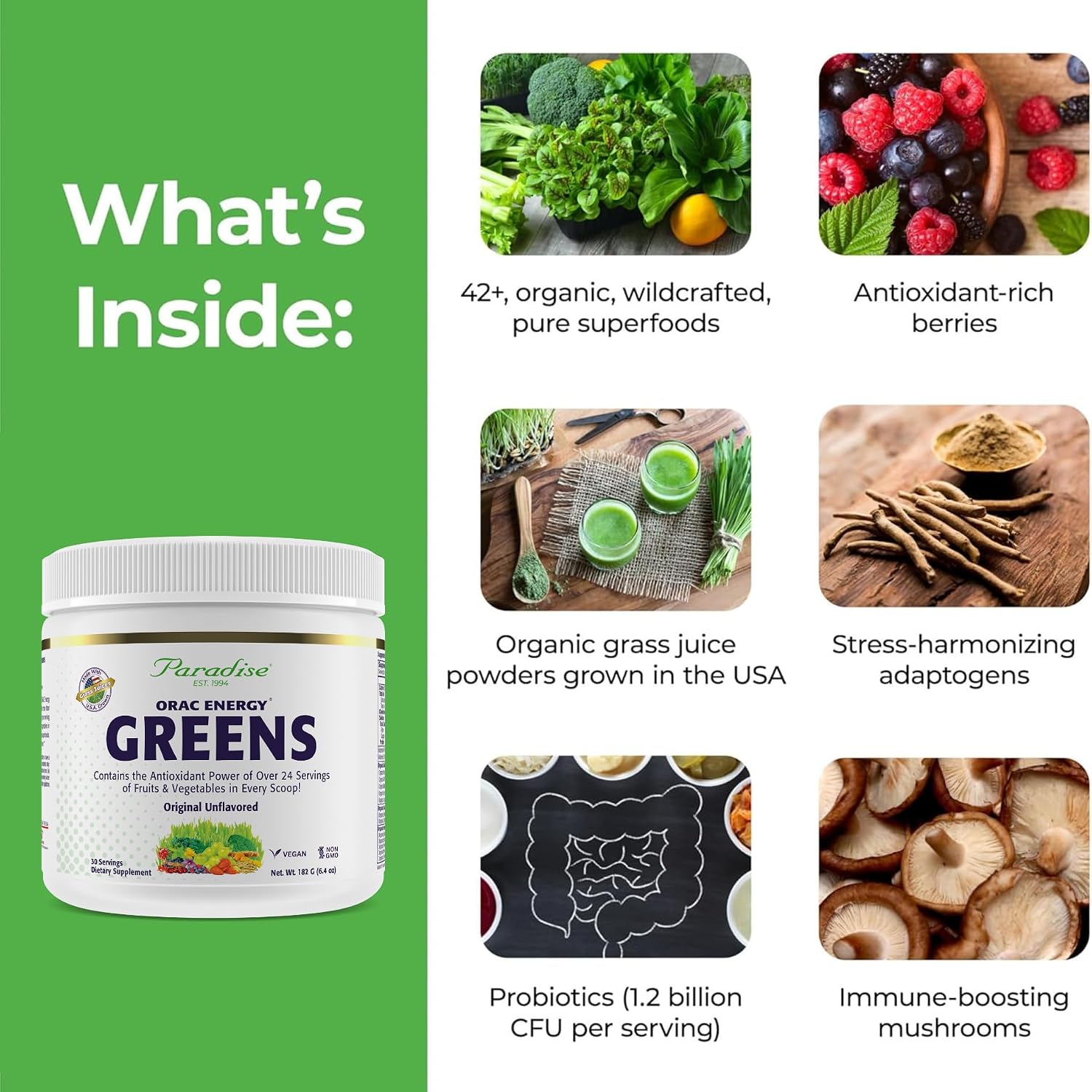 Paradise Herbs ORAC Energy Greens Powder – Super Antioxidants, Probiotics and Vitamin C, 30 Servings - görsel 3