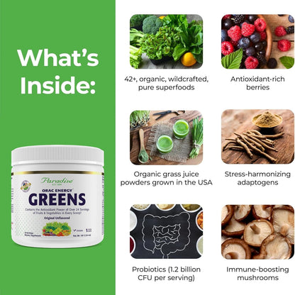 Paradise Herbs ORAC Energy Greens Powder – Super Antioxidants, Probiotics and Vitamin C, 30 Servings