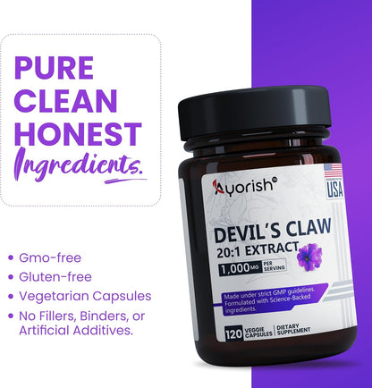 Devil's Claw Capsules 1000mg | 20:1 Root Extract | 120 Capsules | Vegan Non-GMO