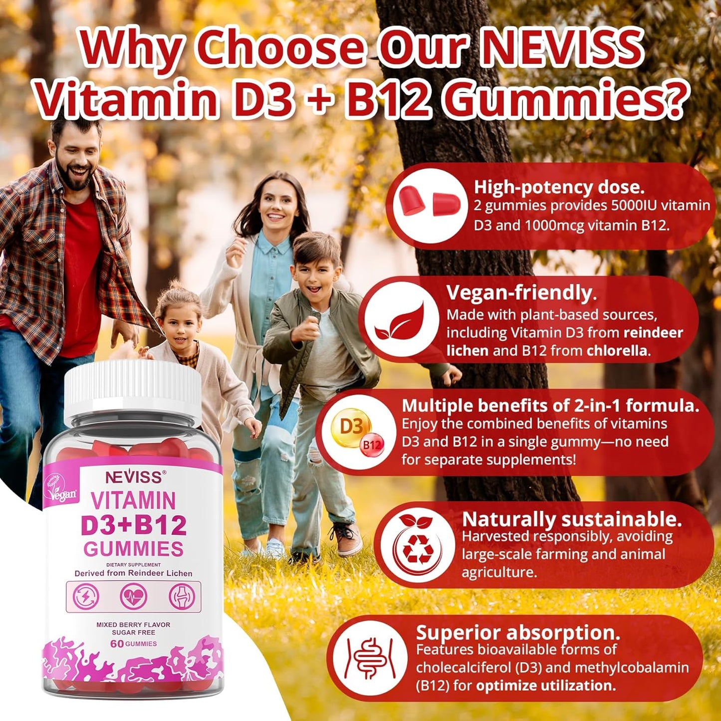 NEVISS 2-Pack Vegan Vitamin D3 + Vitamin B12 Gummies, High Potency D3 5000IU & 1000mcg Methylated B12, Vitamin D3 and B12 for Adults, Support Bone Health, Immune & Energy Supplement, 120 Count - görsel 3