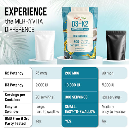 MERRY VITA Vitamin D3 K2 300 Soft gel capsules – 10,000 IU & 200 MCG K2 MK7 – Plant-Based, Vegan, Non-GMO, Gluten-free – Coconut Oil – Immune, Bone and Muscle Support