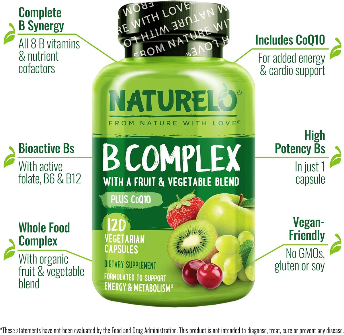 NATURELO Vitamin B Complex – Vegan, Methylated B Vitamins with CoQ10 & Fruit & Veg Blend, 120 Capsules - görsel 4