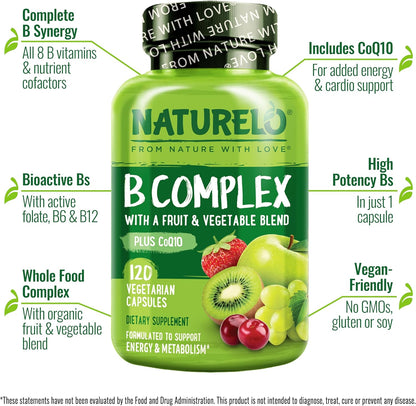 NATURELO Vitamin B Complex – Vegan, Methylated B Vitamins with CoQ10 & Fruit & Veg Blend, 120 Capsules