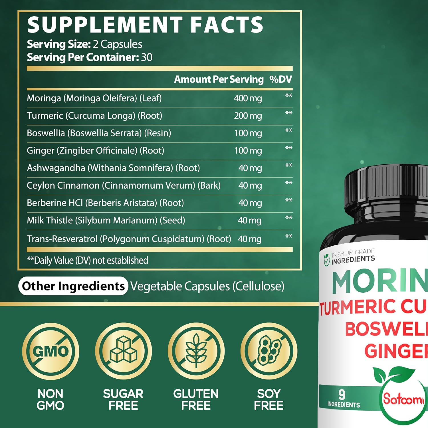 Satoomi 9in1 Moringa Capsules – Featuring Moringa, Turmeric, Boswellia, Ginger, Ashwagandha, Ceylon Cinnamon, Berberine, Milk Thistle & Resveratrol | 60 Count - görsel 2