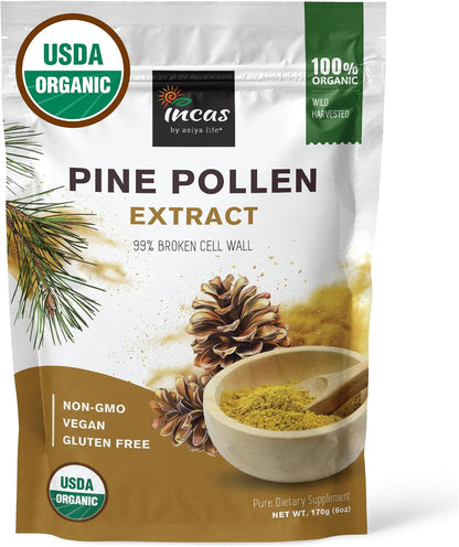 INCAS 100% USDA Organic Pine Pollen Powder - 6 oz (170 g), Non-GMO, Cracked Cell Wall, Wild Harvested
