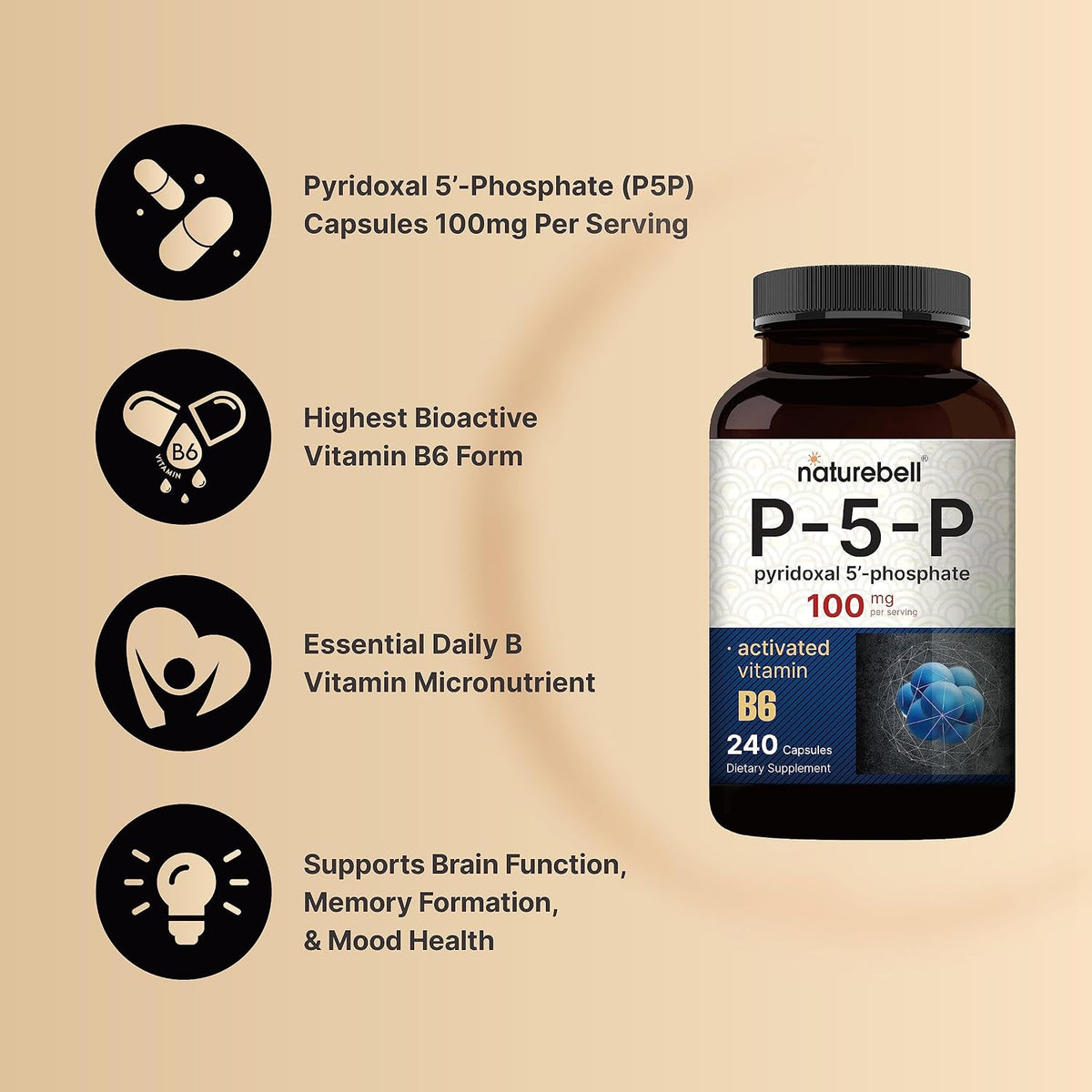 NatureBell P5P Vitamin B6 100mg, 240 Capsules - Activated Pyridoxal 5'-Phosphate - görsel 3