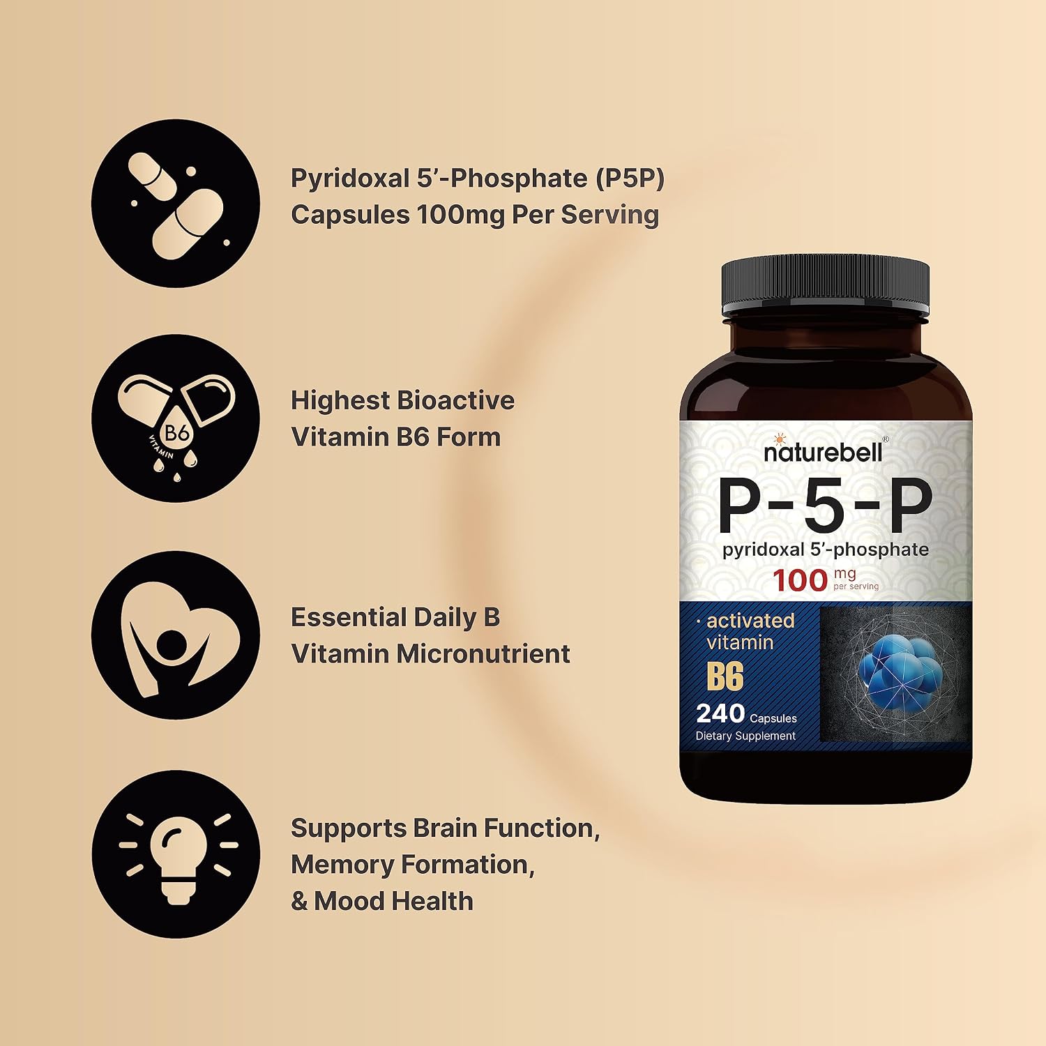 NatureBell P5P Vitamin B6 100mg, 240 Capsules - Activated Pyridoxal 5'-Phosphate - görsel 3