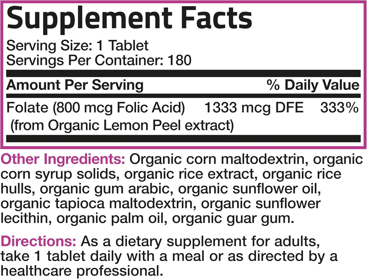 Bronson Organic Folic Acid (Vitamin B9 Folate) 800 mcg Folate from Lemon Peel, 180 Tablets - görsel 6