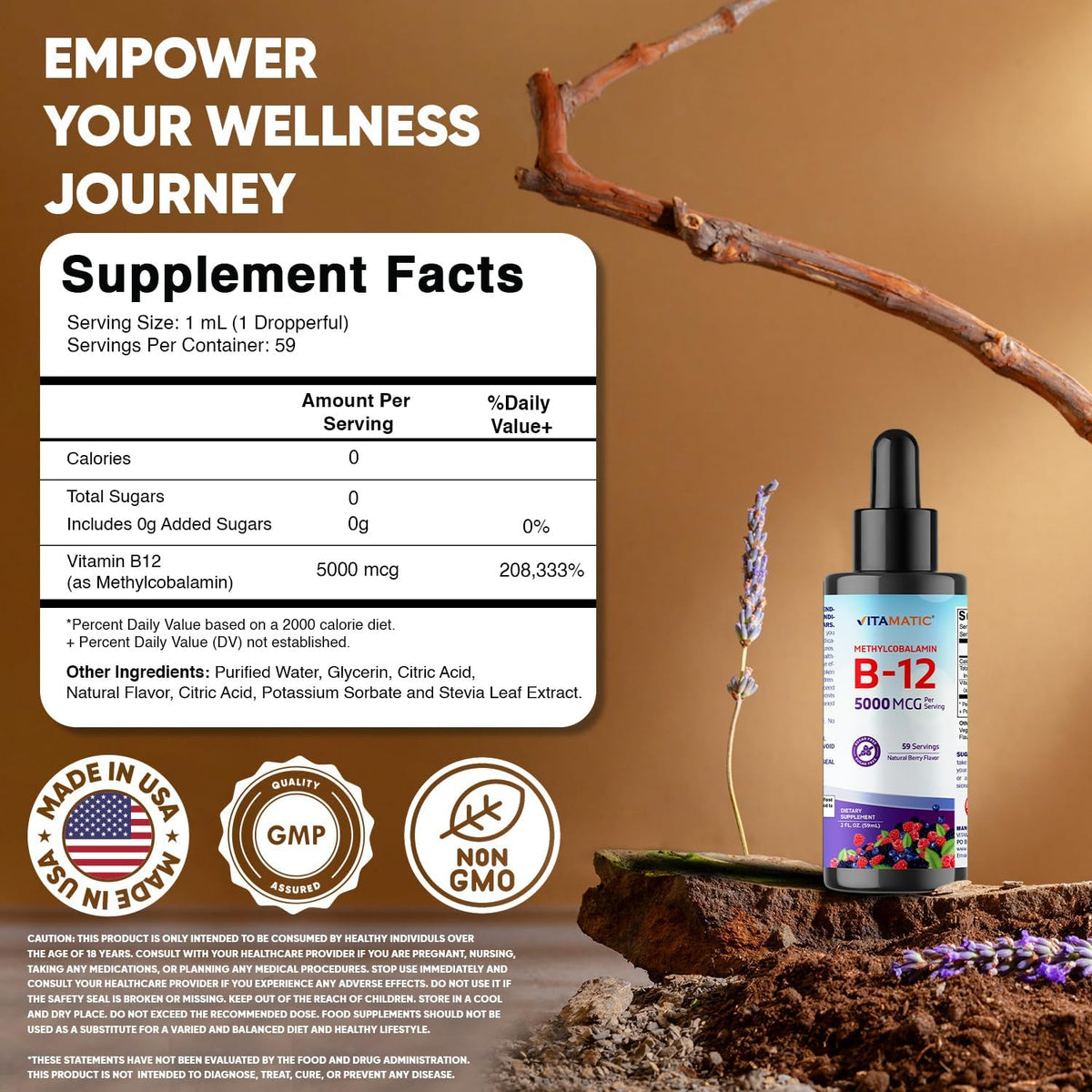 Vitamatic Liquid Vitamin B12 5000 mcg (Methylcobalamin) - Natural Berry Flavour - Sublingual - 2 Pack - görsel 2