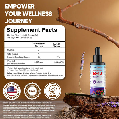 Vitamatic Liquid Vitamin B12 5000 mcg (Methylcobalamin) - Natural Berry Flavour - Sublingual - 2 Pack