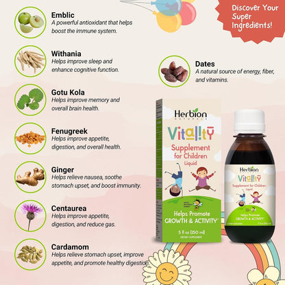 HERBION Naturals Vitality Supplement for Children, Supports Growth and Appetite, Helps Maintain Energy and Cognitive Function, for Kids Aged 1 Year and Above, 150 ml (Pack of 1)