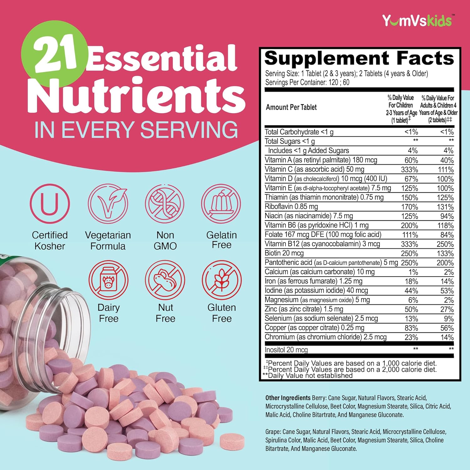 YumVs Kids Multivitamin with Iron & Minerals Chewable Tablets – Grape & Berry Flavour – 120 Chewables - görsel 2