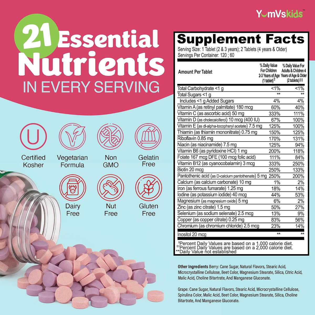 YUM-V'S Children's Multivitamin with Iron – Chewable Multivitamin for Toddlers Aged 2+ – Kosher, Halal, Gluten-free – 120 Chewables (Pack of 2) - görsel 3