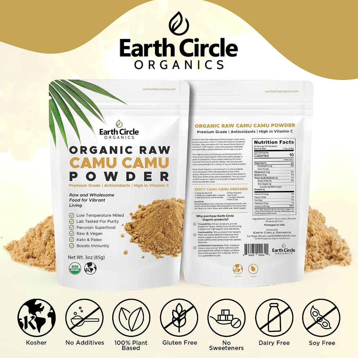 Earth Circle Organics Camu Camu Powder – Organic Raw Berry Powder with Natural Vitamin C & Antioxidants – Vegan, Kosher, Non-GMO Superfood – 85g (Pack of 3) - görsel 5