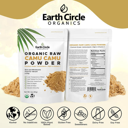 Earth Circle Organics Camu Camu Powder – Organic Raw Berry Powder with Natural Vitamin C & Antioxidants – Vegan, Kosher, Non-GMO Superfood – 85g (Pack of 3)