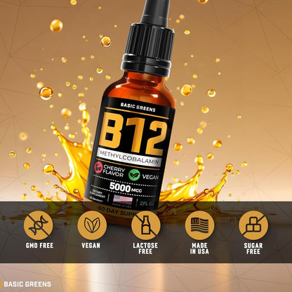 BASIC GREENS Vitamin B12 Liquid Drops 5000 mcg, Sublingual Methylcobalamin, Vegan Cherry Flavour, 59 ml