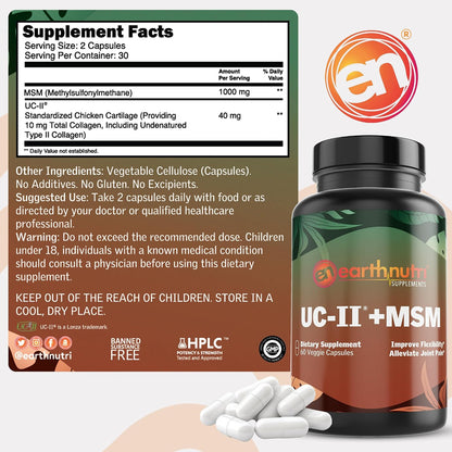EarthNutri UC-II Collagen & MSM Food Supplement for Joint Health and Flexibility - 60 Capsules