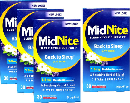 MidNite Sleep Cycle Support Back to Sleep Low Dose Melatonin & Herbal Blend, Cherry Flavour, 30 Quick Melt Tablets (Pack of 4)
