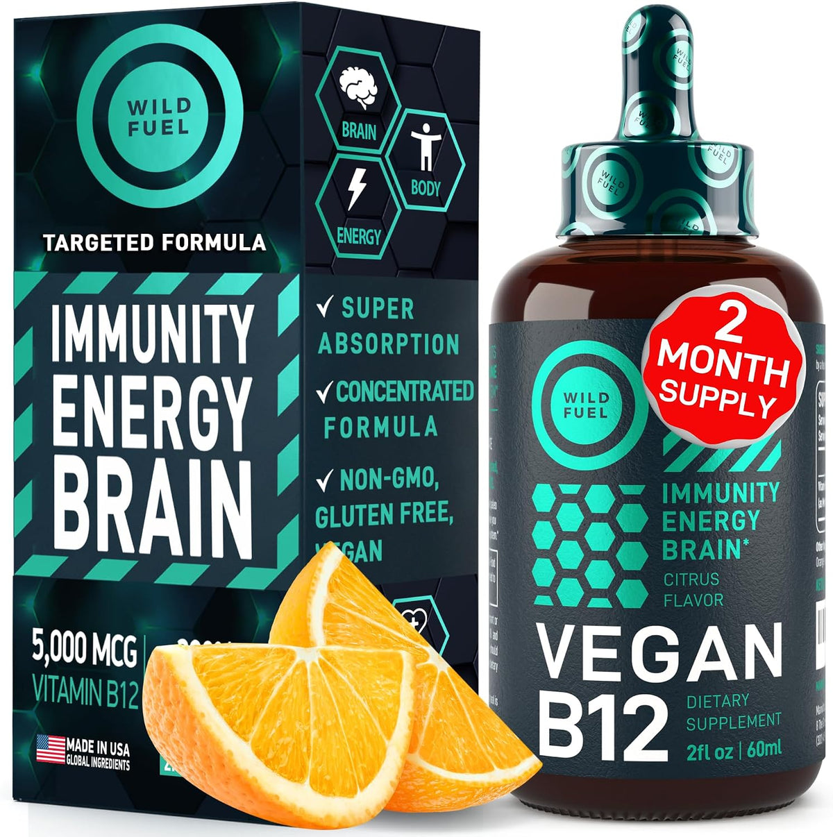 Vegan Vitamin B12 Liquid Drops - 5000 mcg Methylcobalamin - Energy, Memory & Mood Support - Sublingual Supplement - Natural Citrus Flavour - 2 fl oz - görsel 1
