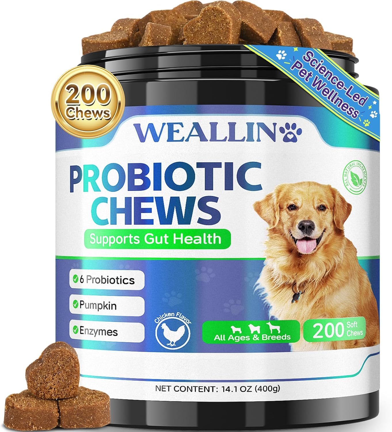 WEALLIN Probiotics for Dogs - 200 Soft Chews for Digestive Health, Itchy Skin Relief & Immune Support - görsel 1