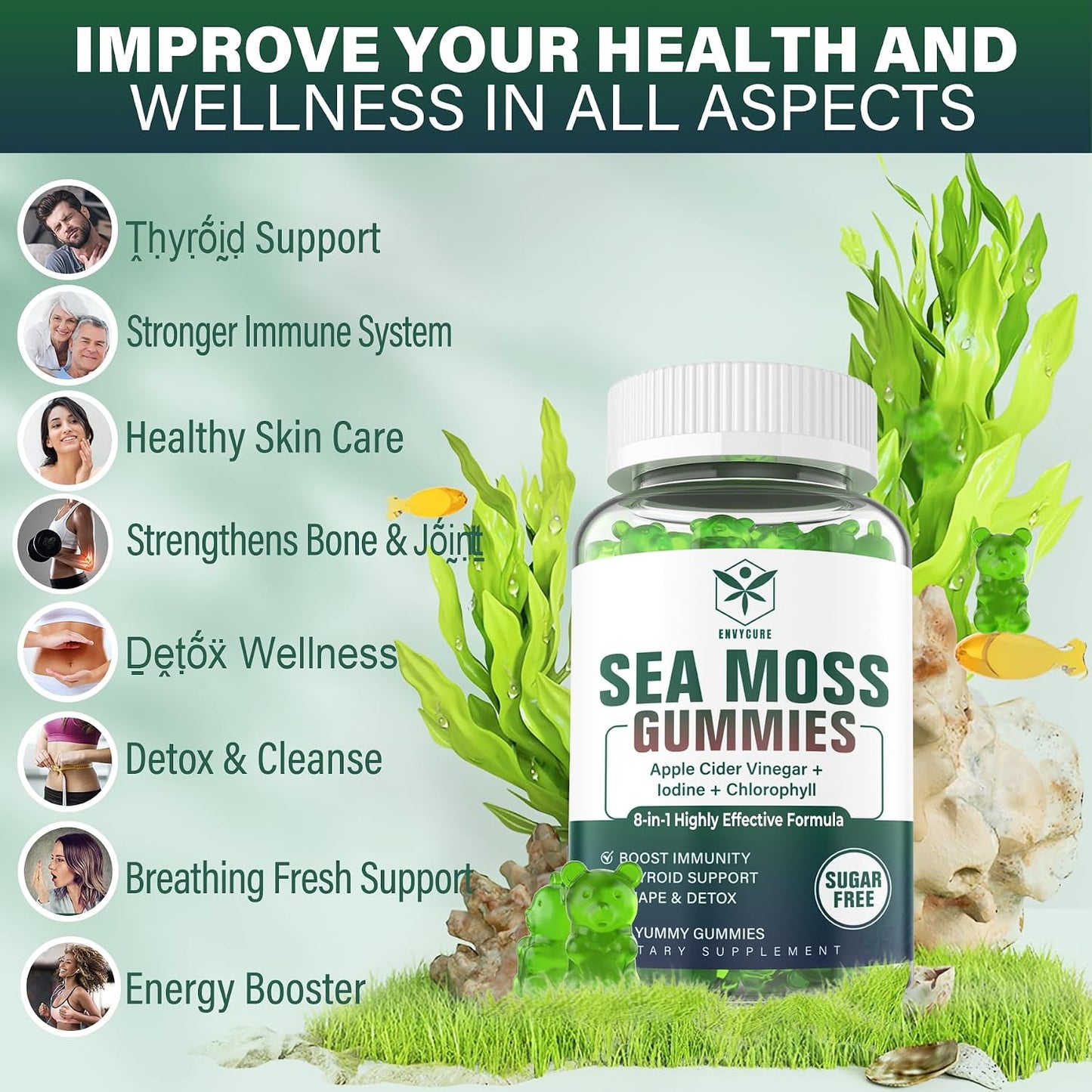 Sea Moss Gummies – Sugar-Free, Extra Strength Irish Moss Supplement with Iodine, Chlorophyll, ACV, D3, Burdock Root, Bladderwrack – Vegan, 2-Pack - görsel 5