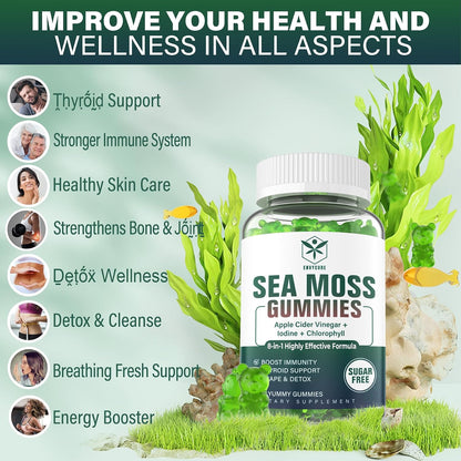 Sea Moss Gummies – Sugar-Free, Extra Strength Irish Moss Supplement with Iodine, Chlorophyll, ACV, D3, Burdock Root, Bladderwrack – Vegan, 2-Pack