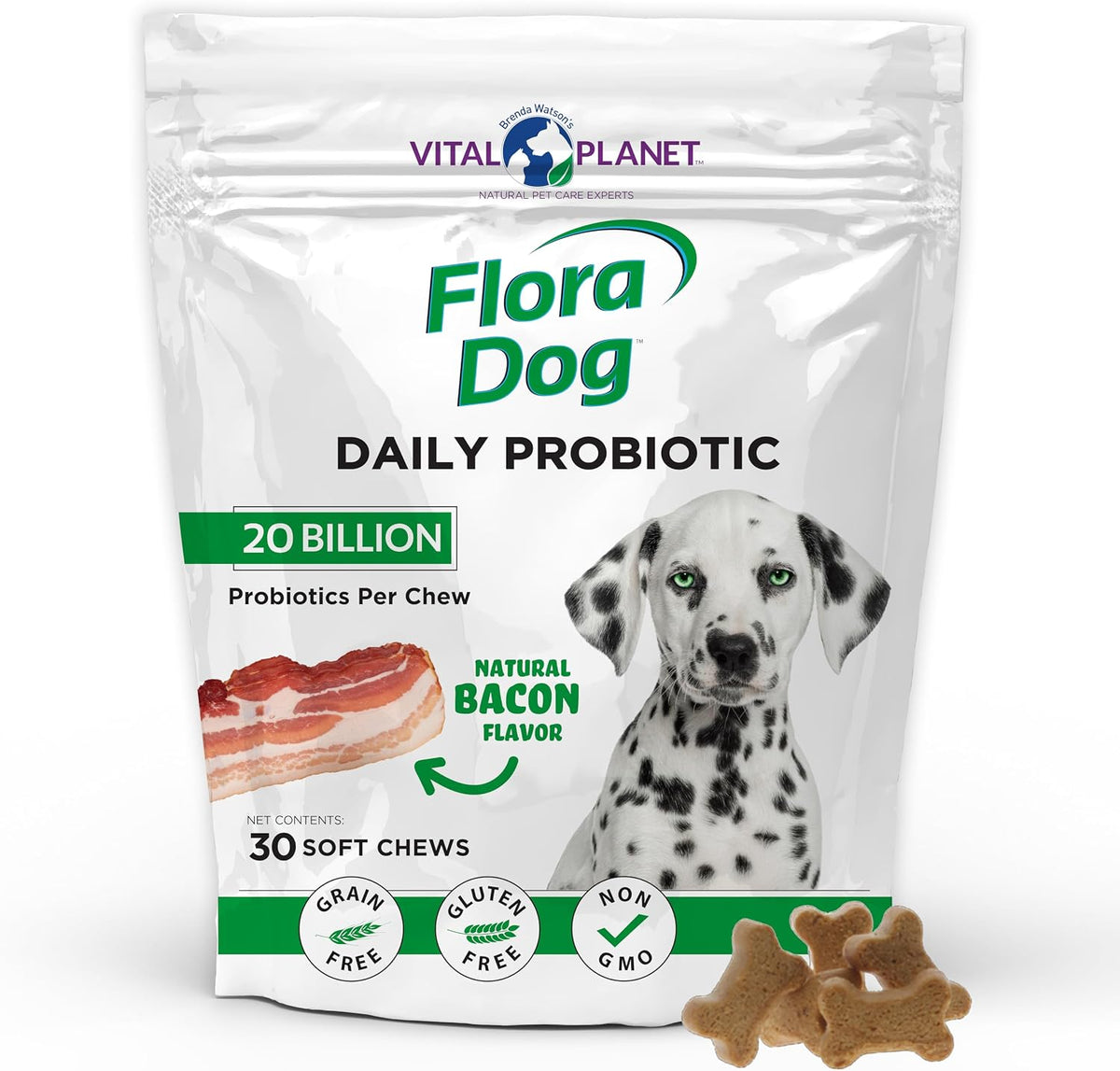 Vital Planet Flora Dog Probiotics – 20 Billion Cultures & 11 Strains, Bacon Flavoured Soft Chews (30 Count) - görsel 1