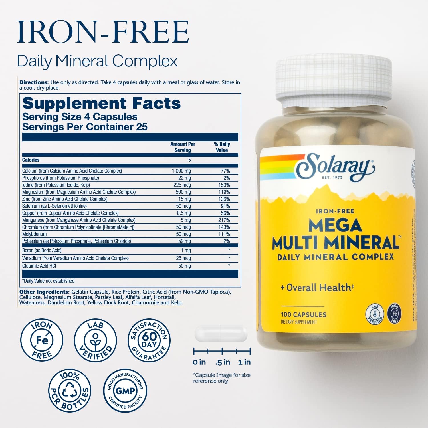 SOLARAY Mega Multi Mineral Daily Complex - Iron-Free Multi-Mineral Supplement with Trace Minerals - 100 Vegan Capsules - görsel 2