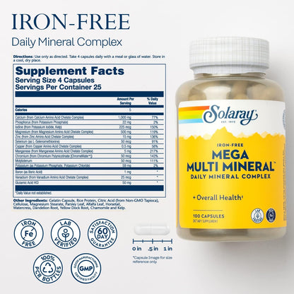 SOLARAY Mega Multi Mineral Daily Complex - Iron-Free Multi-Mineral Supplement with Trace Minerals - 100 Vegan Capsules