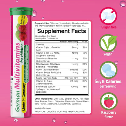 T&D German Multivitamin for Children - 8 Vitamins, Vegan Effervescent Tablets, Raspberry Flavour (100 Count)