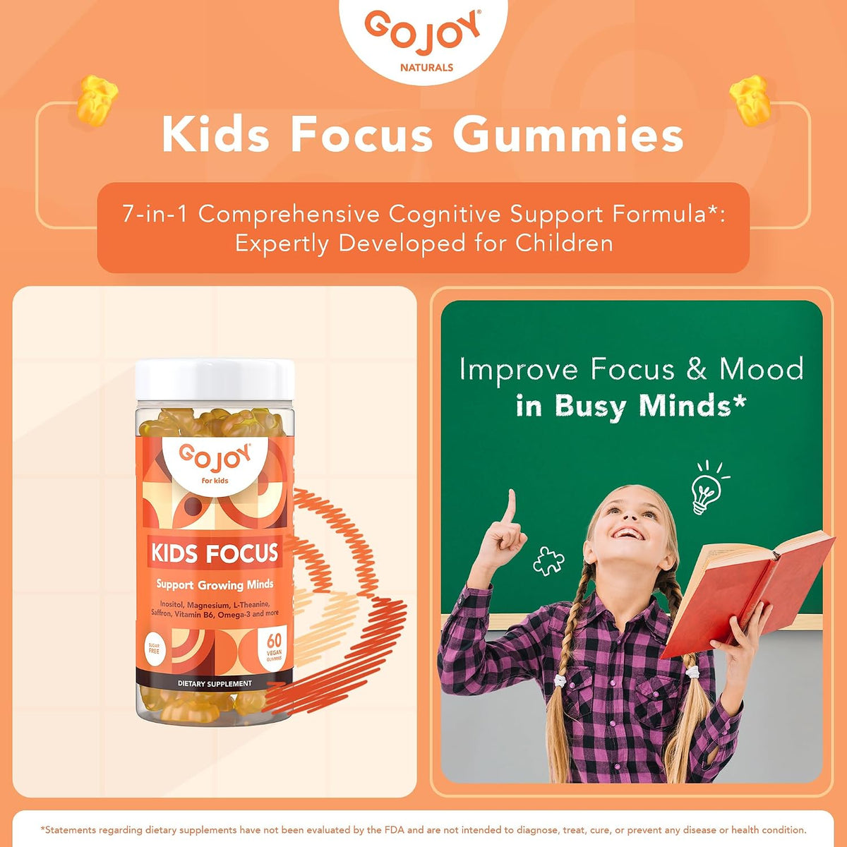 GOJOY NATURALS Kids Focus Gummies – Saffron, Magnesium Glycinate, L-Theanine and Inositol Supplement for Focus and Calm - görsel 2