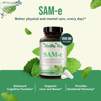 HealthyWayRx 1500mg SAM-e Supplement - S-Adenosyl-L-Methionine Capsules for Brain, Liver & Mood Support (60 Servings)