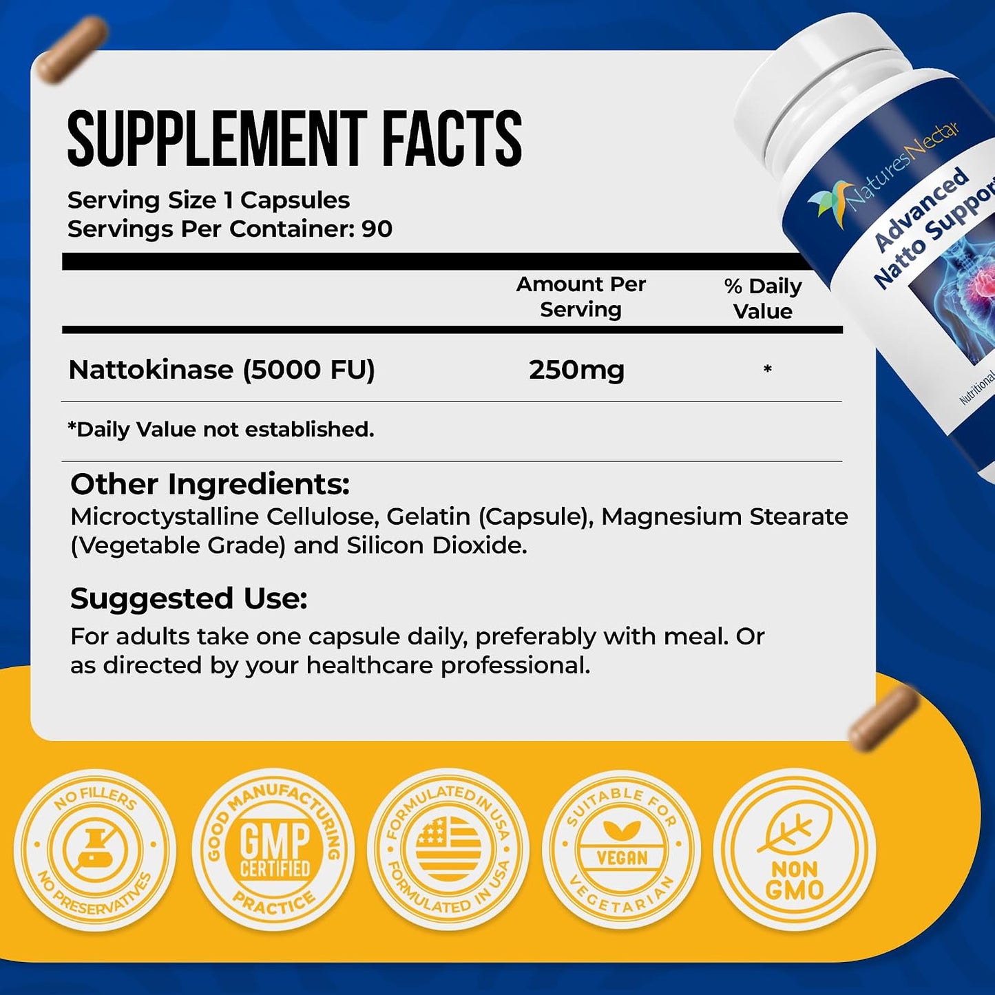 Nature's Nectar Organic Nattokinase 250mg – Double Strength 5000 FU – Cardiovascular & Blood Circulation Support – 90 Capsules - görsel 2