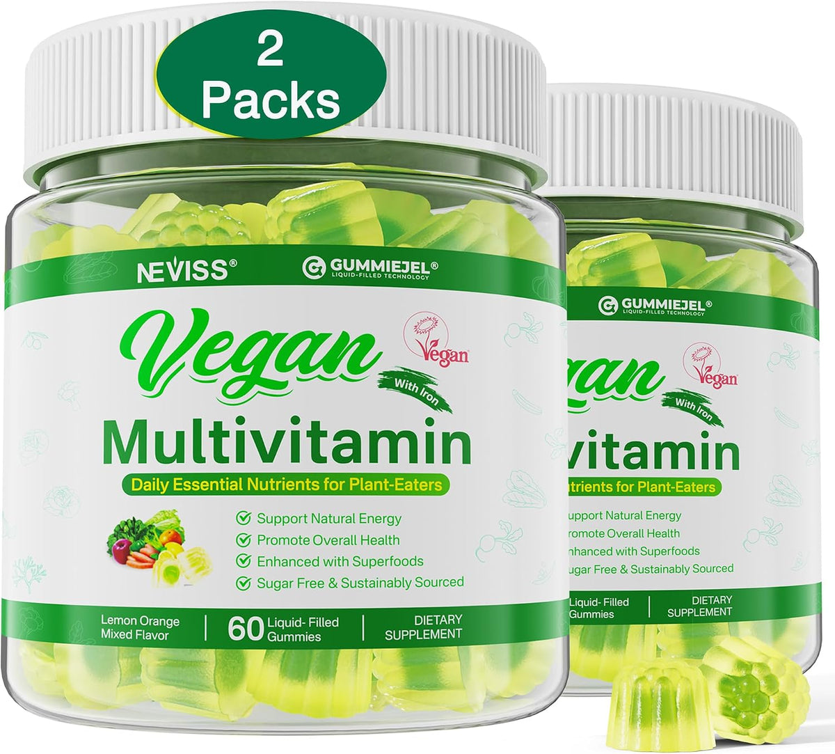 NEVISS Vegan Multivitamin Gummies (2 Pack) – Sugar-Free, Whole Food Vitamins for Women & Men with Methyl B12, D3 K2, Omega-3, Iron, Choline & Zinc - görsel 1