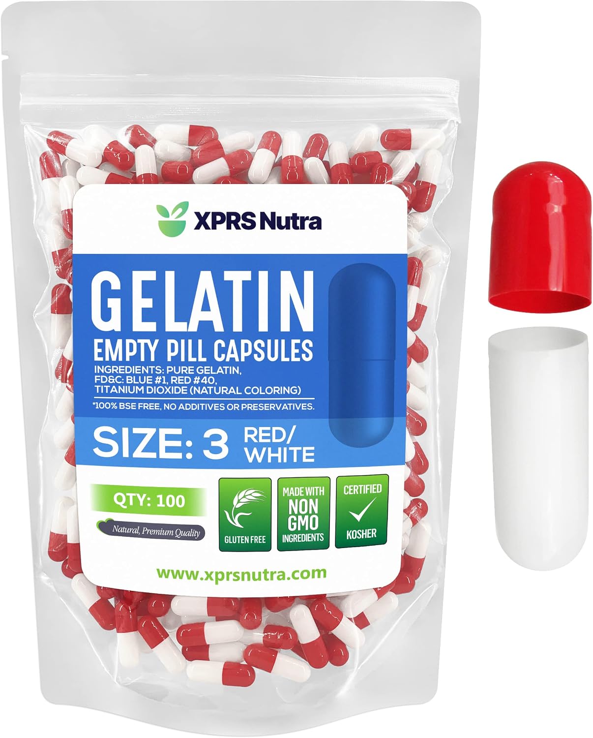 XPRS Nutra Size 3 Empty Gelatine Capsules - 100 Count (Red/White) - görsel 1