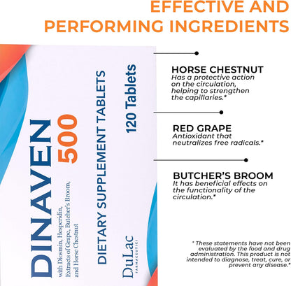 Dulac Dinaven 500, Micronised Diosmin Hesperidin Dietary Supplement, 120 Tablets