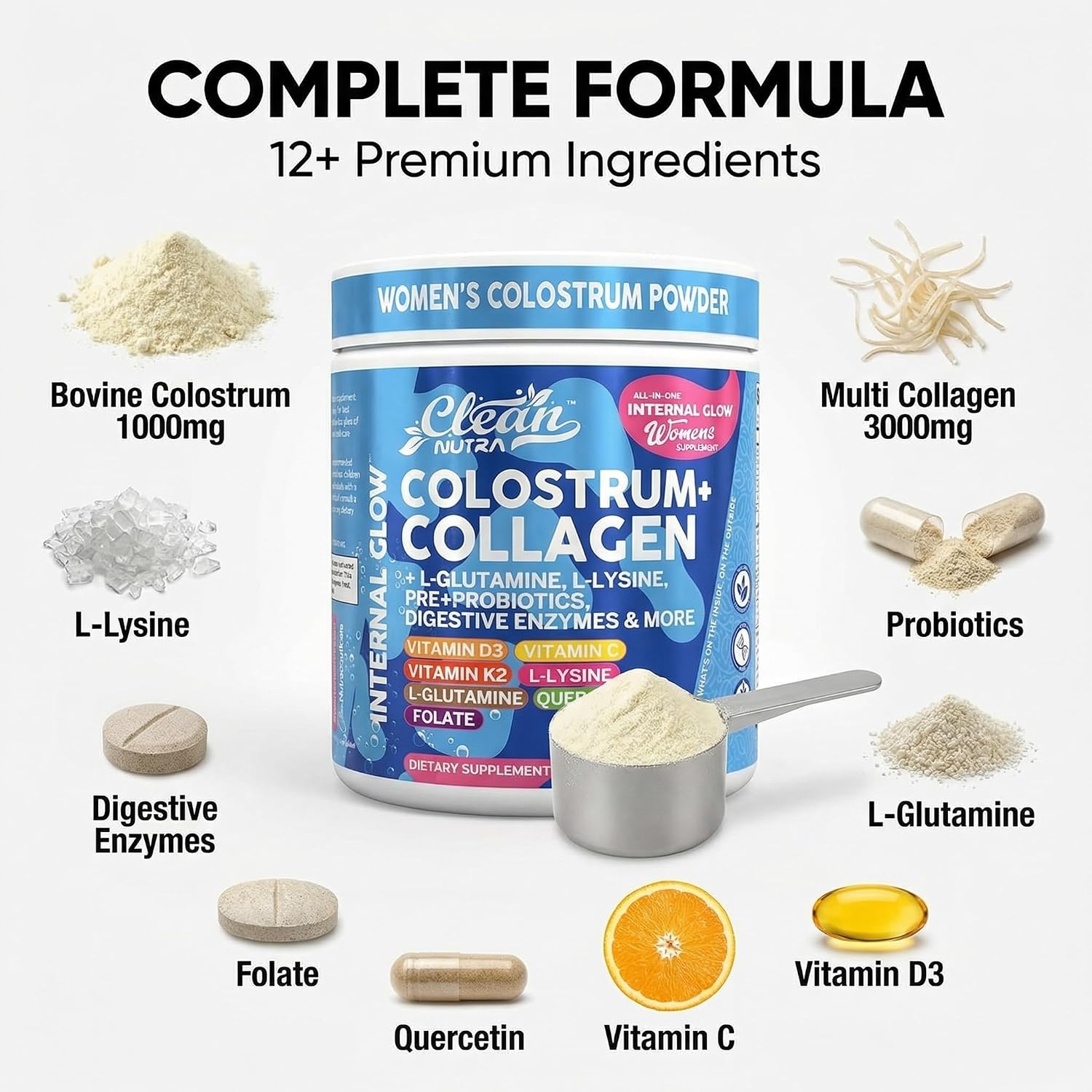 Bovine Colostrum Powder + Collagen Peptides with L-Glutamine, L-Lysine, Prebiotics, Probiotics, Digestive Enzymes, Vitamin D K2 C, Quercetin & Folate – Gut Health Supplement, Internal Glow by Clean Nutra - görsel 4