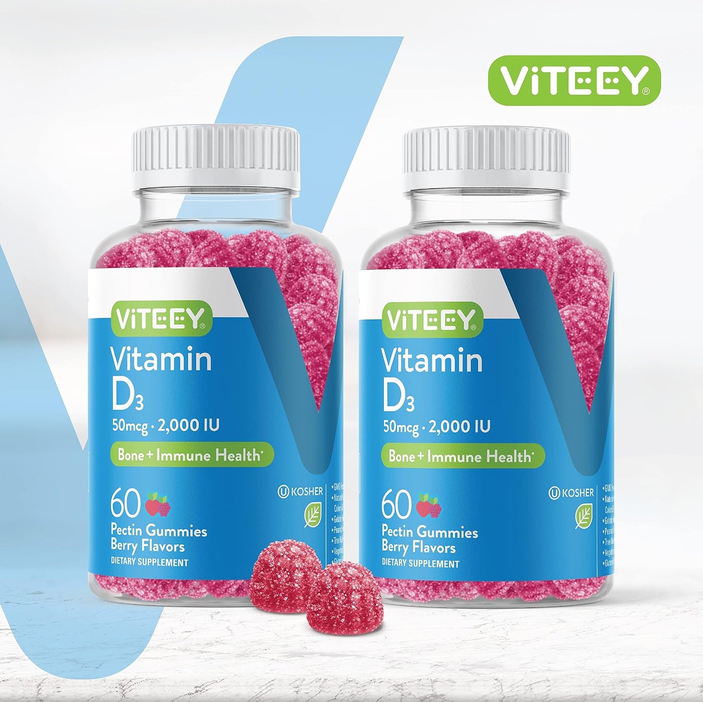 Viteey Vitamin D3 Gummies for Adults & Teens - 2,000 IU, 50mcg - Regular Strength - Chewable Vitamin D Gummies - Vegetarian, Gelatine Free - 120 Count - görsel 2